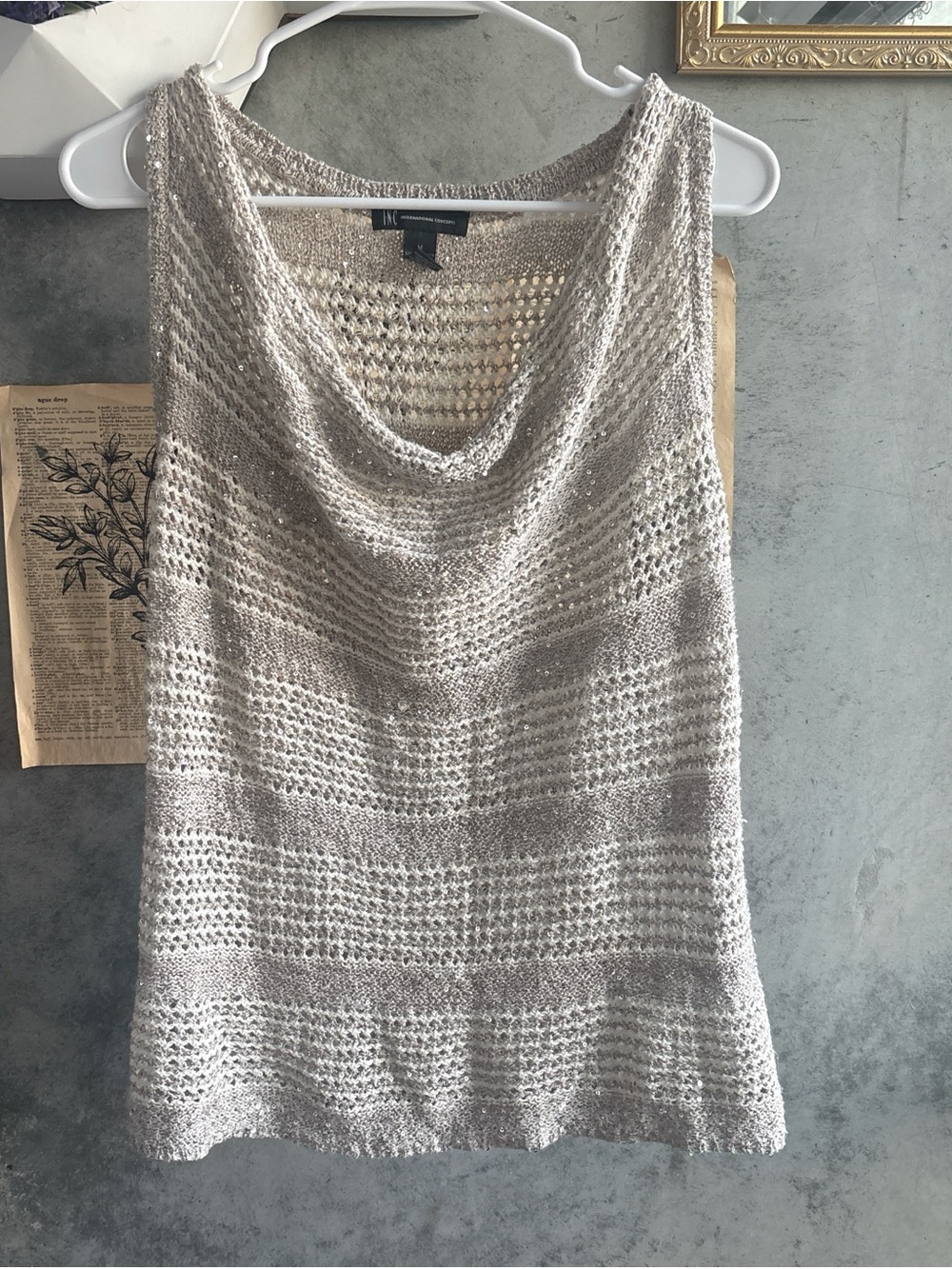 INC International Concepts Beige Open-Knit Cowl Neck Sweater Tank